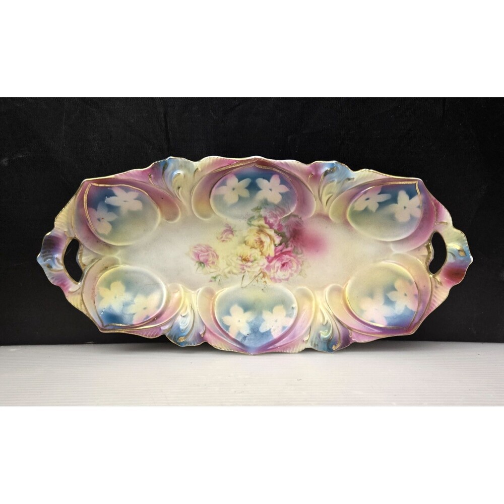 Antique RS Prussia Oval Relish Dish Roses Floral Mold Pierced Handles Scalloped